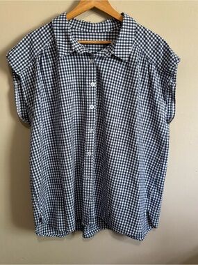 Lomon XXL Navy White Gingham Button-Up Sleeveless Dolman Blouse Cotton